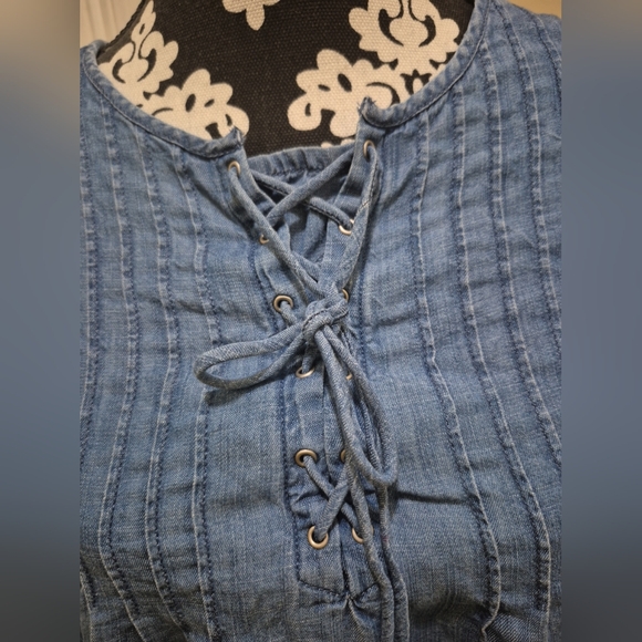 Talbots Blue Smocked Tie Front Blouse - Picture 3 of 7